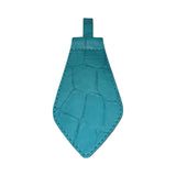 Turquoise blue tie with embossed crocodile leather texture and pointed end, featuring a leather loop at the top for attachment or adjustment.