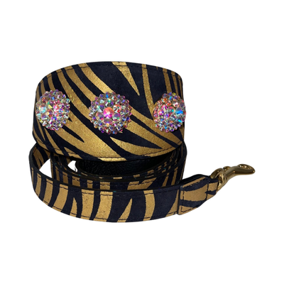 Black and gold zebra print Italian leather dog collar with Swarovski crystal rivets
