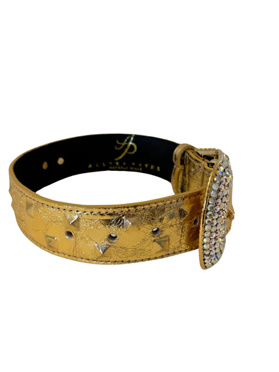 Glam Gold Embossed Studded Italian Leather Collar with Swarovski Crystal Buckle
