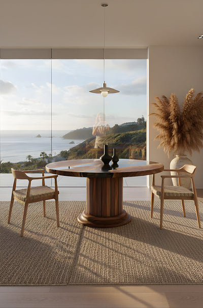 Handcrafted round dining table with walnut wood top and solid wood drum pedestal base featuring custom epoxy resin inlay