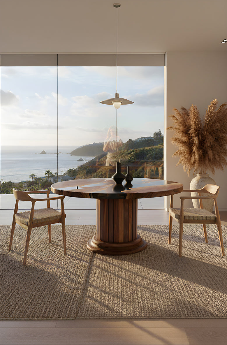 Handcrafted round dining table with walnut wood top and solid wood drum pedestal base featuring custom epoxy resin inlay