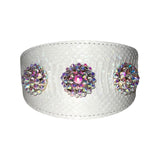 Wide matte white collar with a snakeskin texture, adorned with three clusters of iridescent Swarovski rivets evenly spaced across its surface.