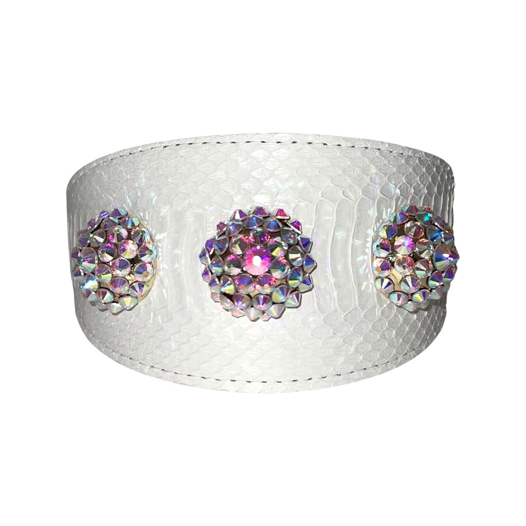 Wide matte white collar with a snakeskin texture, adorned with three clusters of iridescent Swarovski rivets evenly spaced across its surface.