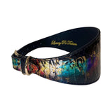 Wide 3-inch dog collar with an Art Deco pattern in iridescent multi-colors resembling a snake skin texture, secured with a gold metal buckle.