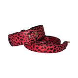 Red and black leopard print Italian leather dog collar and matching leash set with gold-tone hardware, displayed coiled on a white background.
