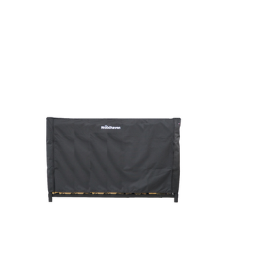 Woodhaven Full Firewood Rack Cover with zipper closure protecting stacked firewood outdoors