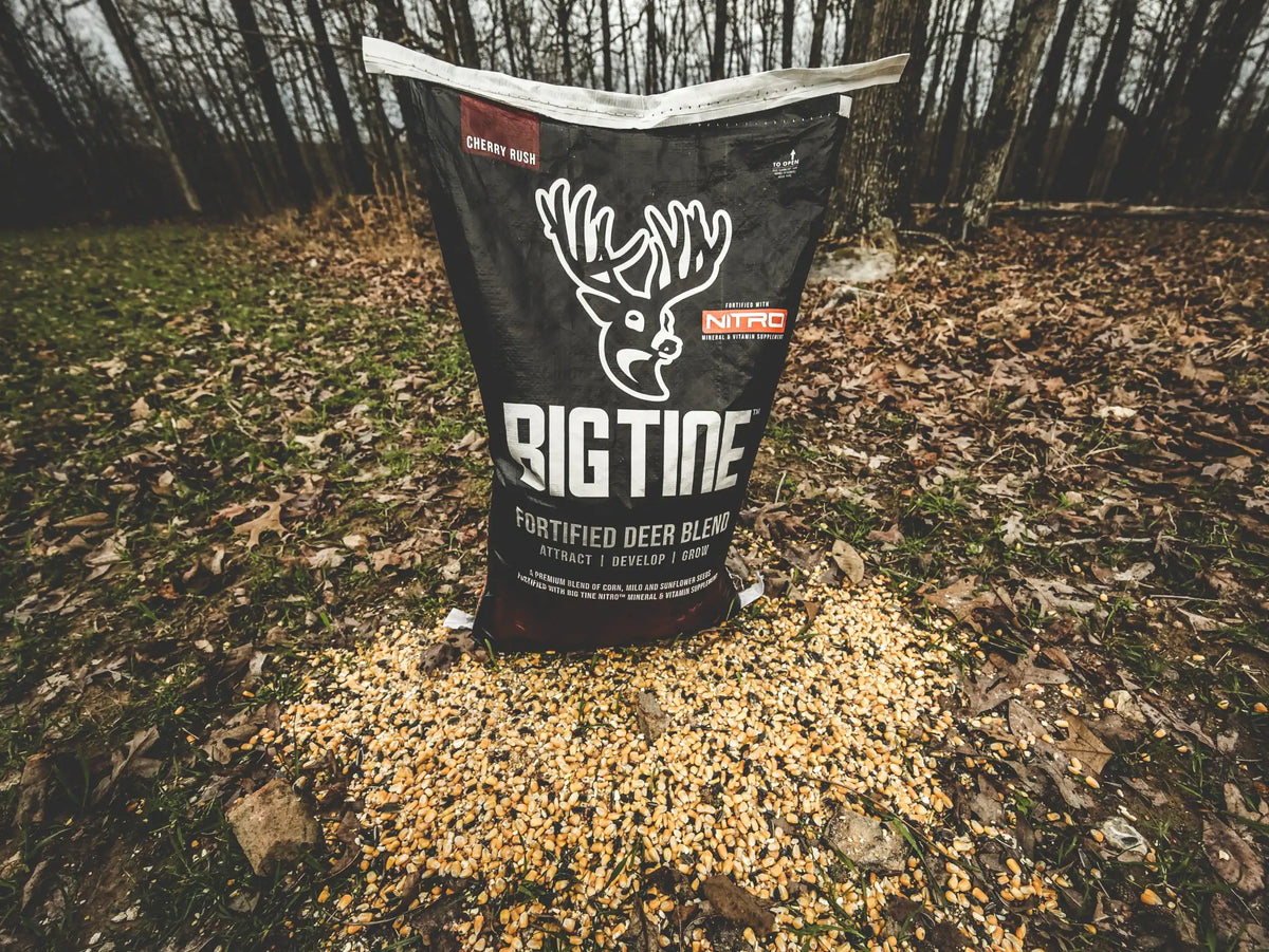 Black Big Tine Fortified Deer Blend Cherry bag with white deer logo standing upright outdoors on leaf-covered ground with feed spilled in front beneath bare winter trees.