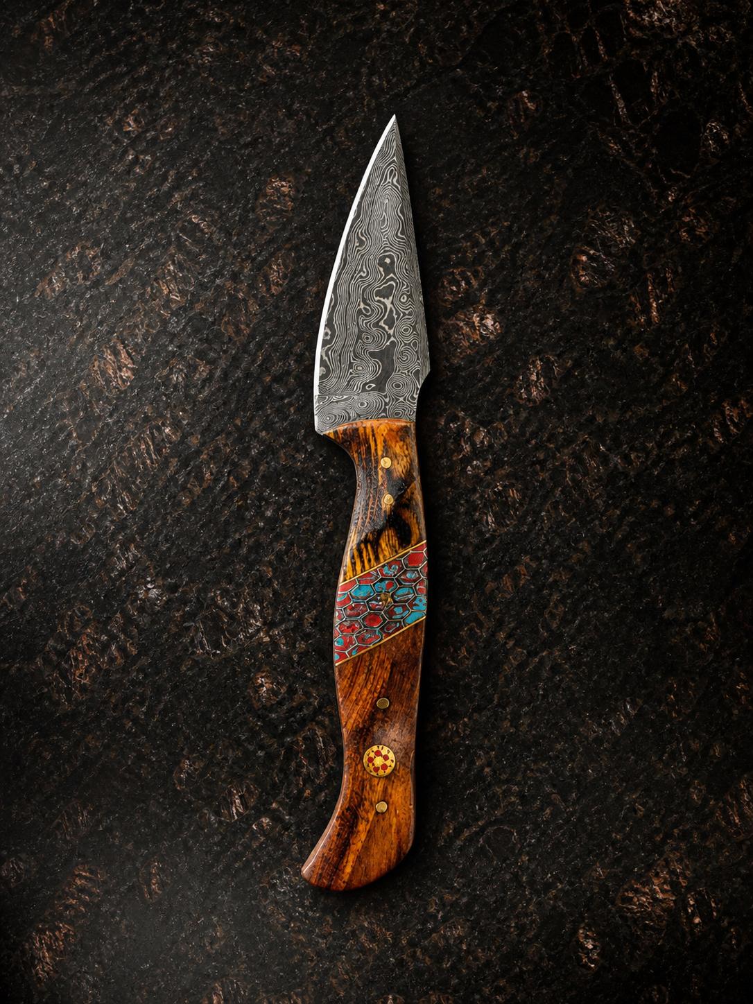 Titan "Painted Mesa" Damascus Hunting Knife | Cocobolo Rosewood & Turquoise Mosaic Handle | Hand-Tooled Leather Sheath