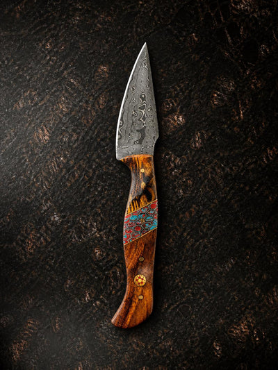 Titan "Painted Mesa" Damascus Hunting Knife | Cocobolo Rosewood & Turquoise Mosaic Handle | Hand-Tooled Leather Sheath