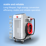 White and gray portable fiber laser cleaner with red details on wheels, featuring a coiled black cable and ventilation holes, set against a light blue background.