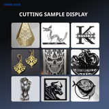 Grid of nine laser-cut samples including a geometric pendant, dragon figurine, monogram letter K, ornate earrings, skull design, motorcycle-themed clock, abstract figure, bull silhouette, and detailed fish illustration.