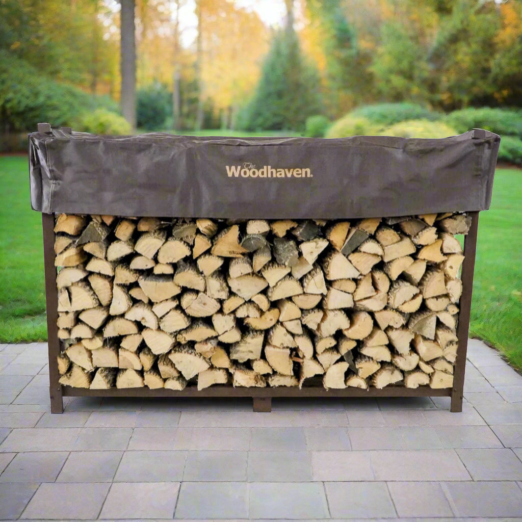Woodhaven 6 ft Firewood Rack in black with optional cover and support bases