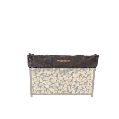 Woodhaven Short Firewood Rack Seasoning Cover in black on a firewood rack