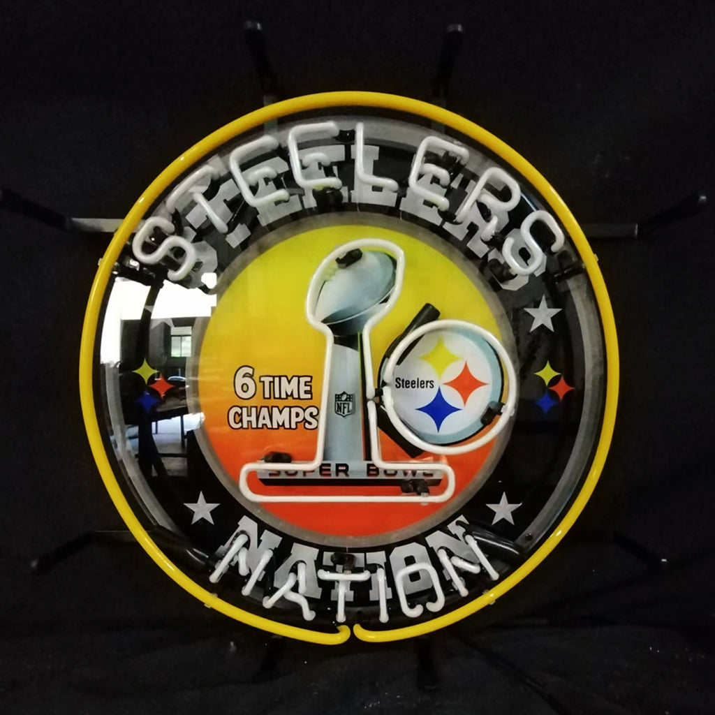 Circular neon sign with yellow border featuring a silver Vince Lombardi Trophy, a black and white Steelers logo, and text reading "Steelers Nation" and "6 Time Champs"