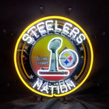 Circular neon sign with yellow outer ring, white text reading 'Steelers Nation,' and a central design featuring a trophy and Pittsburgh Steelers logo with '6 Time Champs' text.