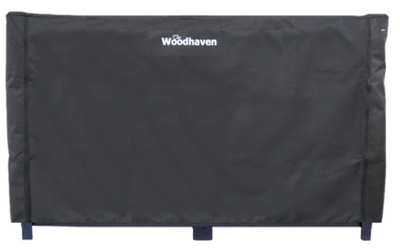 Woodhaven Full Firewood Rack Cover with zipper closure protecting stacked firewood outdoors