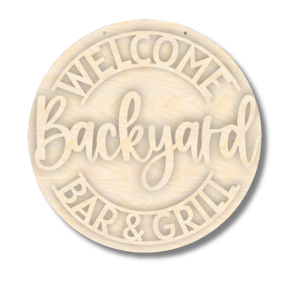 Unfinished wood door sign kit with backyard bar and grill design, 18 inches wide
