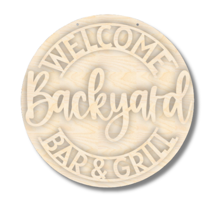 Unfinished wood door sign kit with backyard bar and grill design, 18 inches wide