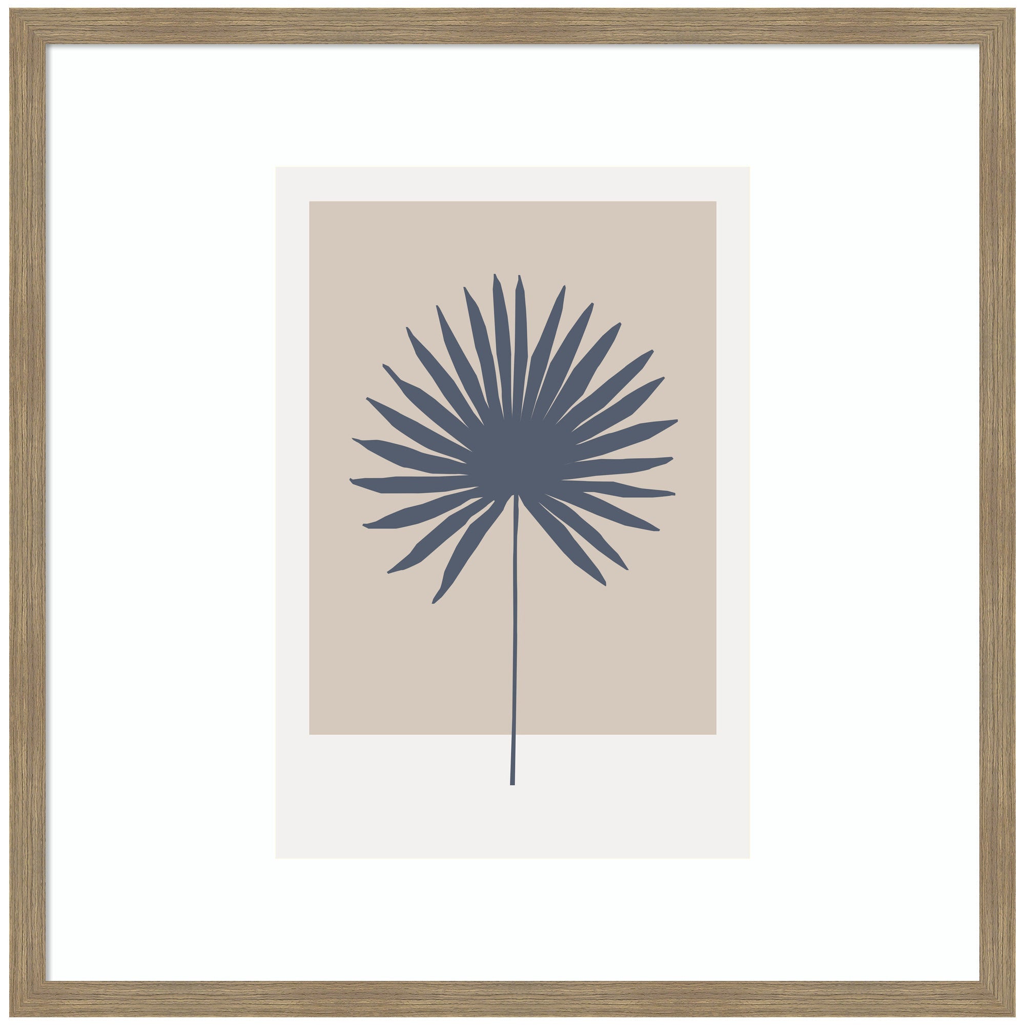Muted Tan and Blue Colorblock Botanical Palm framed wall art print showing a stylized palm leaf in muted tan and blue blocks