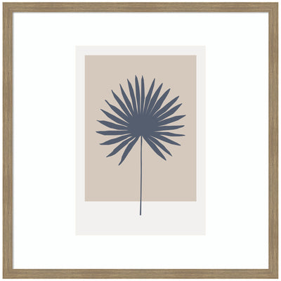 Muted Tan and Blue Colorblock Botanical Palm framed wall art print showing a stylized palm leaf in muted tan and blue blocks