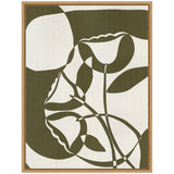 Abstract framed canvas with intertwined olive green flower shapes and leaves on a textured off-white background.