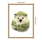 Illustration of a hedgehog formed with white and green flowers, framed with light wood, shown against a white background with size annotations
