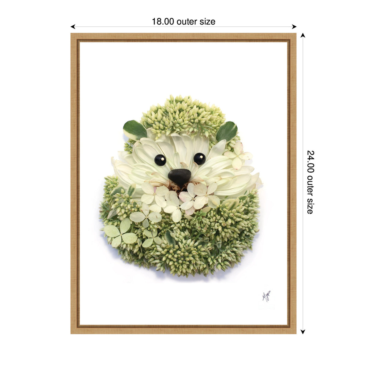 Illustration of a hedgehog formed with white and green flowers, framed with light wood, shown against a white background with size annotations
