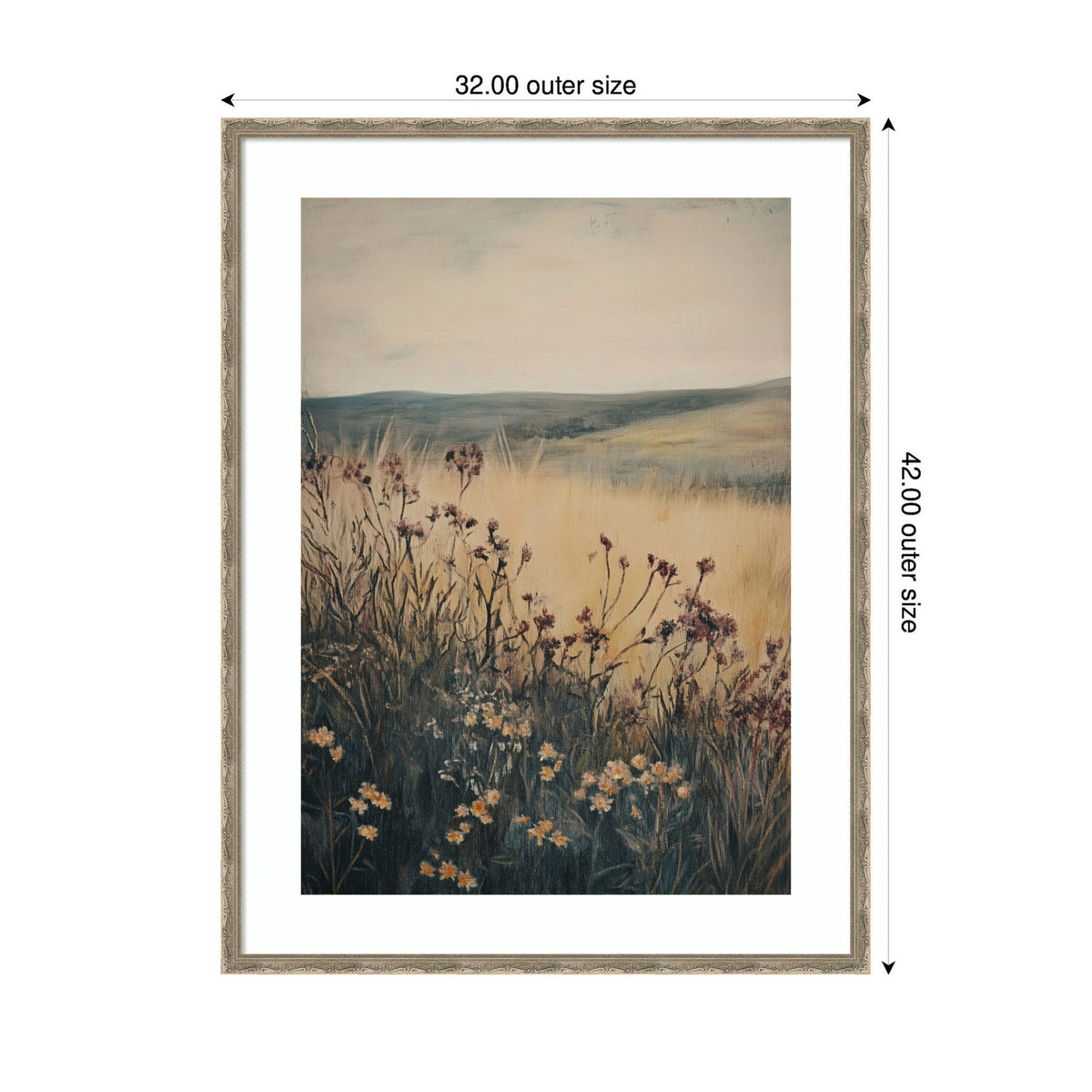 Framed print of a soft landscape painting showing wildflowers in the foreground with rolling hills and a muted sky in the background.