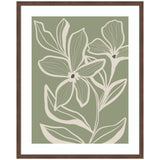Minimalist floral wall art print with beige outlined flowers and leaves on a muted green background, framed in a simple brown wooden frame.