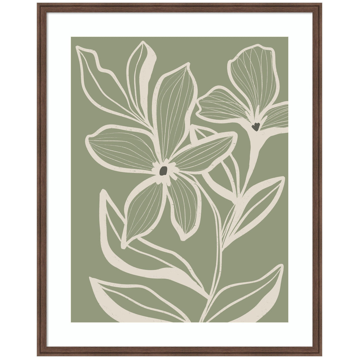 Minimalist floral wall art print with beige outlined flowers and leaves on a muted green background, framed in a simple brown wooden frame.