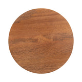 Round wooden table top with smooth finish and natural grain patterns in warm brown tones shown from above.