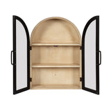 Arched wall cabinet with two black-framed glass doors opened to reveal three natural wood shelves inside a light wood frame.