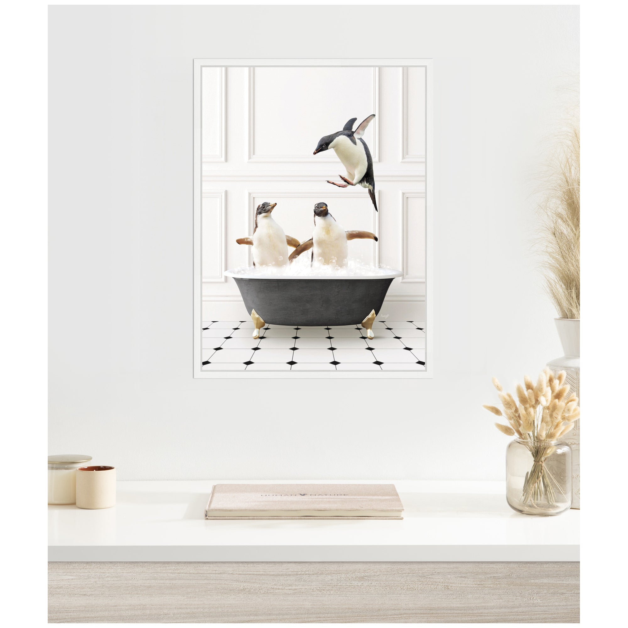 Sylvie Penguins in Classic Black and White Bath Framed Canvas by Amy Peterson