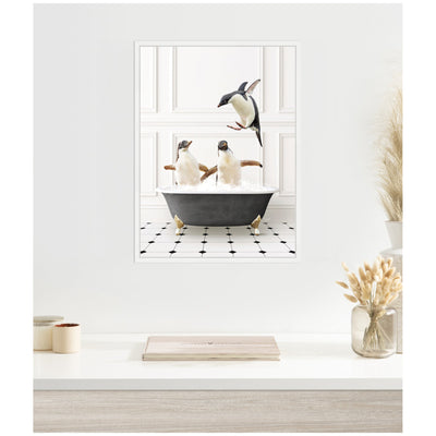 Sylvie Penguins in Classic Black and White Bath Framed Canvas by Amy Peterson