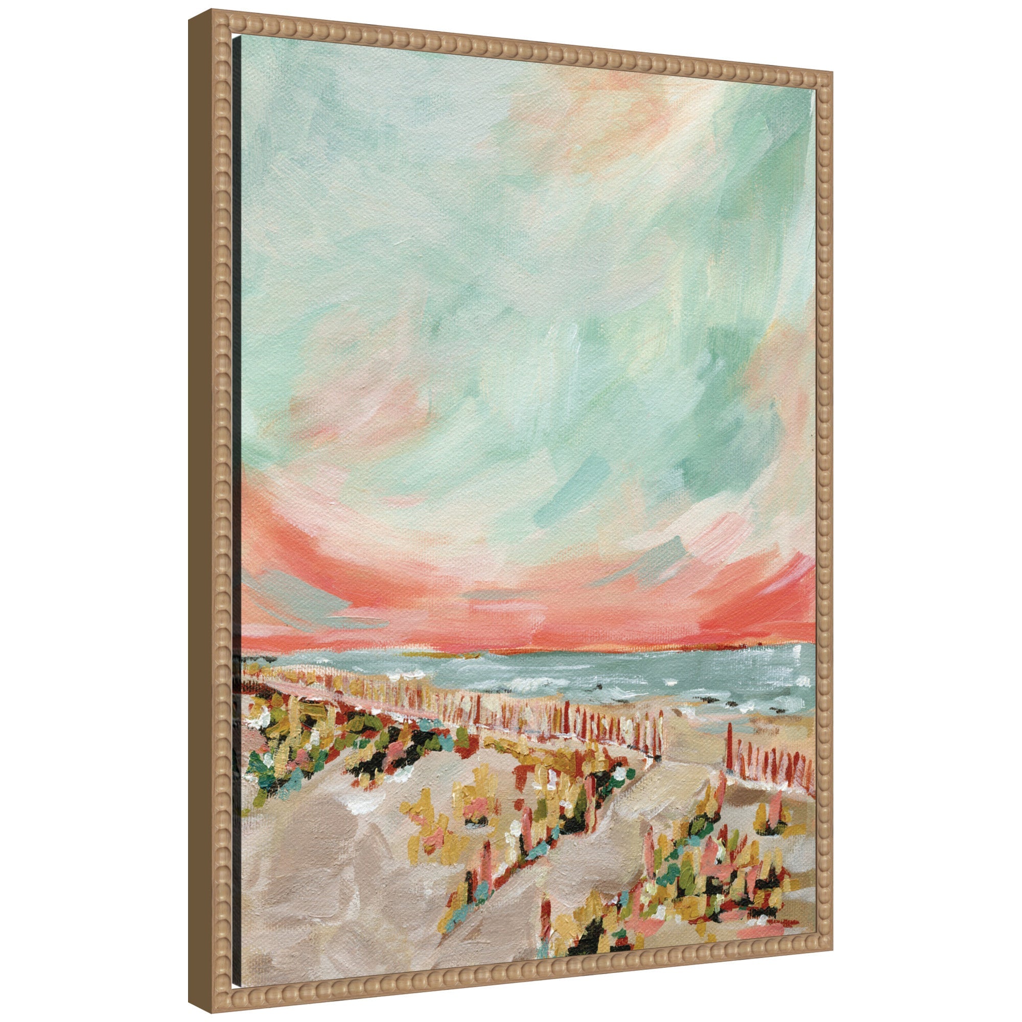 Sylvie Landscape 03 Beach framed canvas art by Annie Quigley showing a calm coastal beach scene with a vintage beaded frame