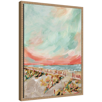 Sylvie Landscape 03 Beach framed canvas art by Annie Quigley showing a calm coastal beach scene with a vintage beaded frame