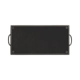 Rectangular black metal tray with two rounded side handles and a subtle hammered texture across its surface, shown from above.