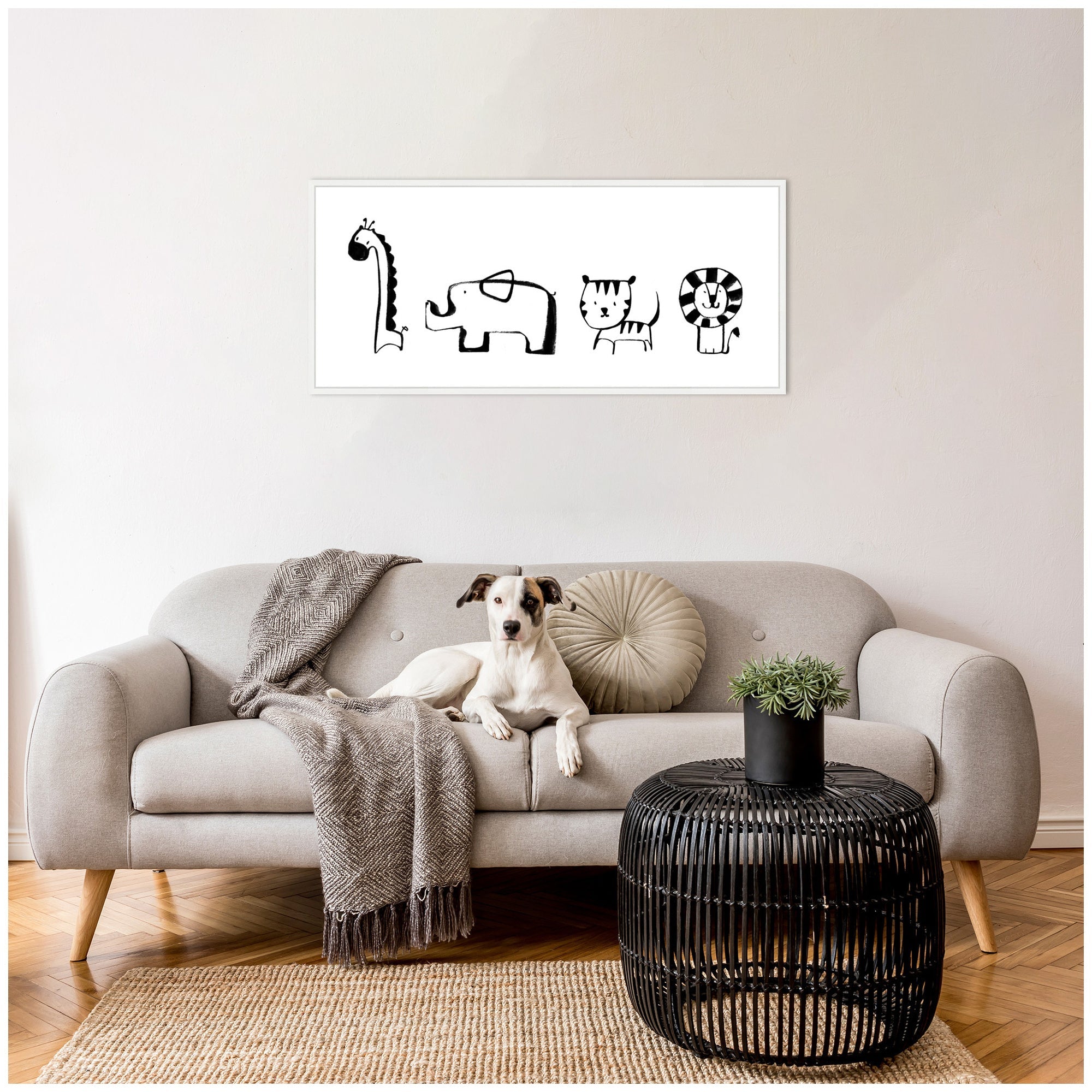 Sylvie Minimalist Giraffe Elephant Tiger and Lion Sketch Framed Canvas by Teju Reval