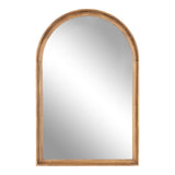 Rectangular wall mirror with a rounded arch top and a warm honey-toned wooden frame featuring smooth grain and a simple profile.