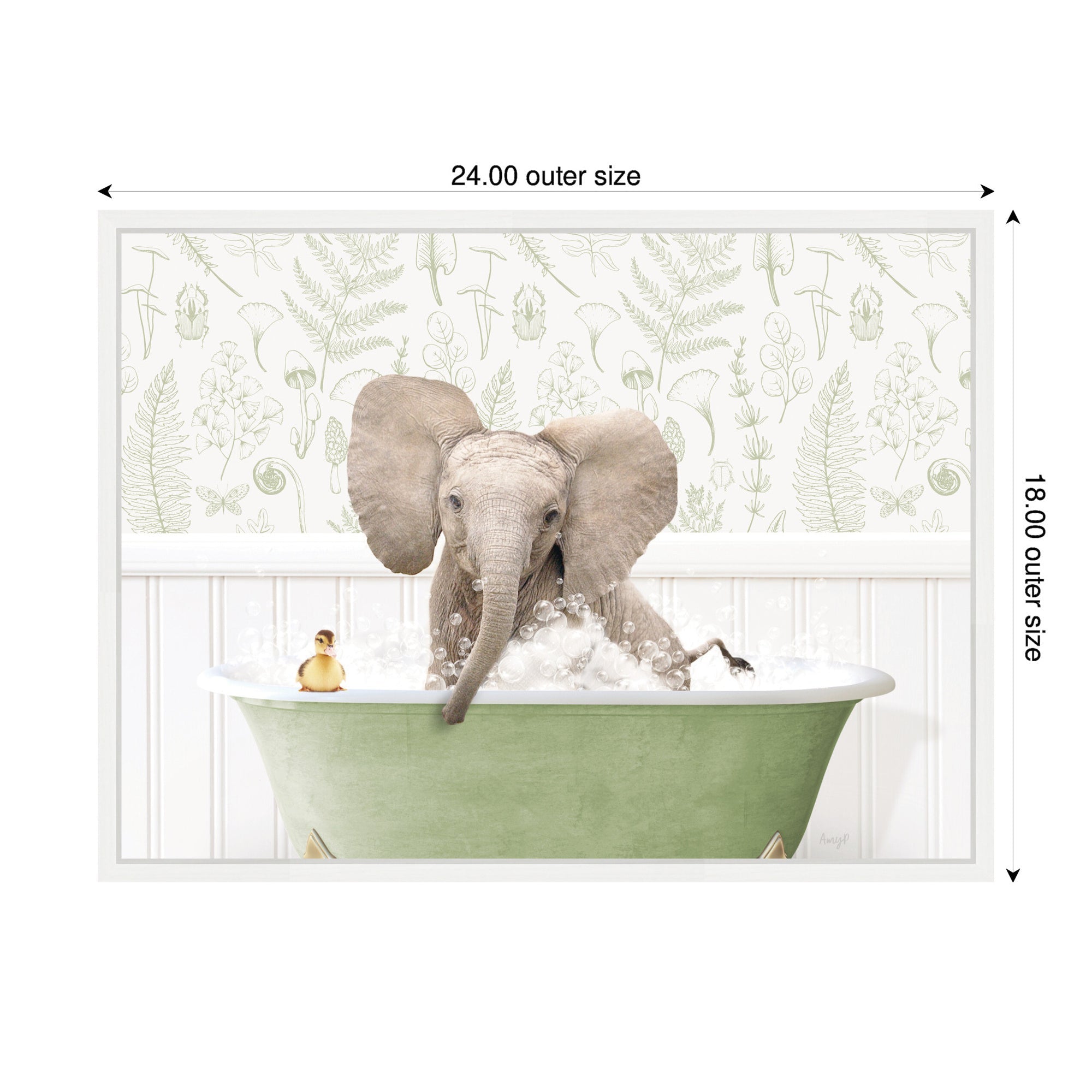 Sylvie Baby Elephant No3 in Fern Bath Framed Canvas by Amy Peterson