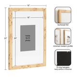 Rectangular natural burlwood picture frame with 18x22 inches outer size holding an 8x10 photo, featuring a minimal modern profile and D-ring hangers for vertical or horizontal display.