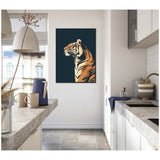 Side profile of a stylized tiger in orange and black against a navy blue background, displayed on a white wall in a modern kitchen with gray countertops.