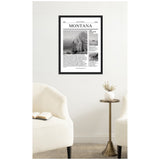 Black-framed wall art featuring a Montana-themed newspaper layout with black-and-white mountain photos, displayed above a small round brass table between two cream chairs.
