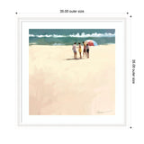 Minimalist beach scene with four people standing near ocean waves, one holding a red, white, and blue umbrella, on soft beige sand under a teal sky.