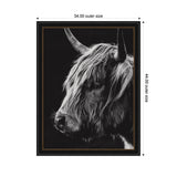Black and white close-up profile of a Highland cow framed with a black mat and gold trim, measuring 34 by 44 inches outer size.