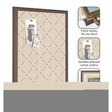 Beige pinboard with a brown wooden frame and a green lattice pattern, holding two black-and-white photos attached with pins.