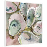Close-up painting of oyster shells with white, green, and pink hues surrounded by soft pastel background, signed by Mary Sparrow in the corner.