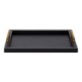 Rectangular black tray with raised edges and slim gold handles on each side, shown from above against a white background.
