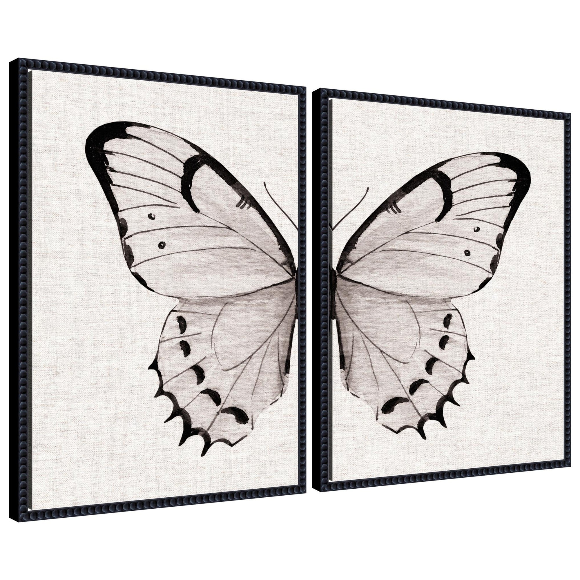 Two framed canvas art pieces featuring minimal butterfly watercolor on neutral linen background with beaded detail