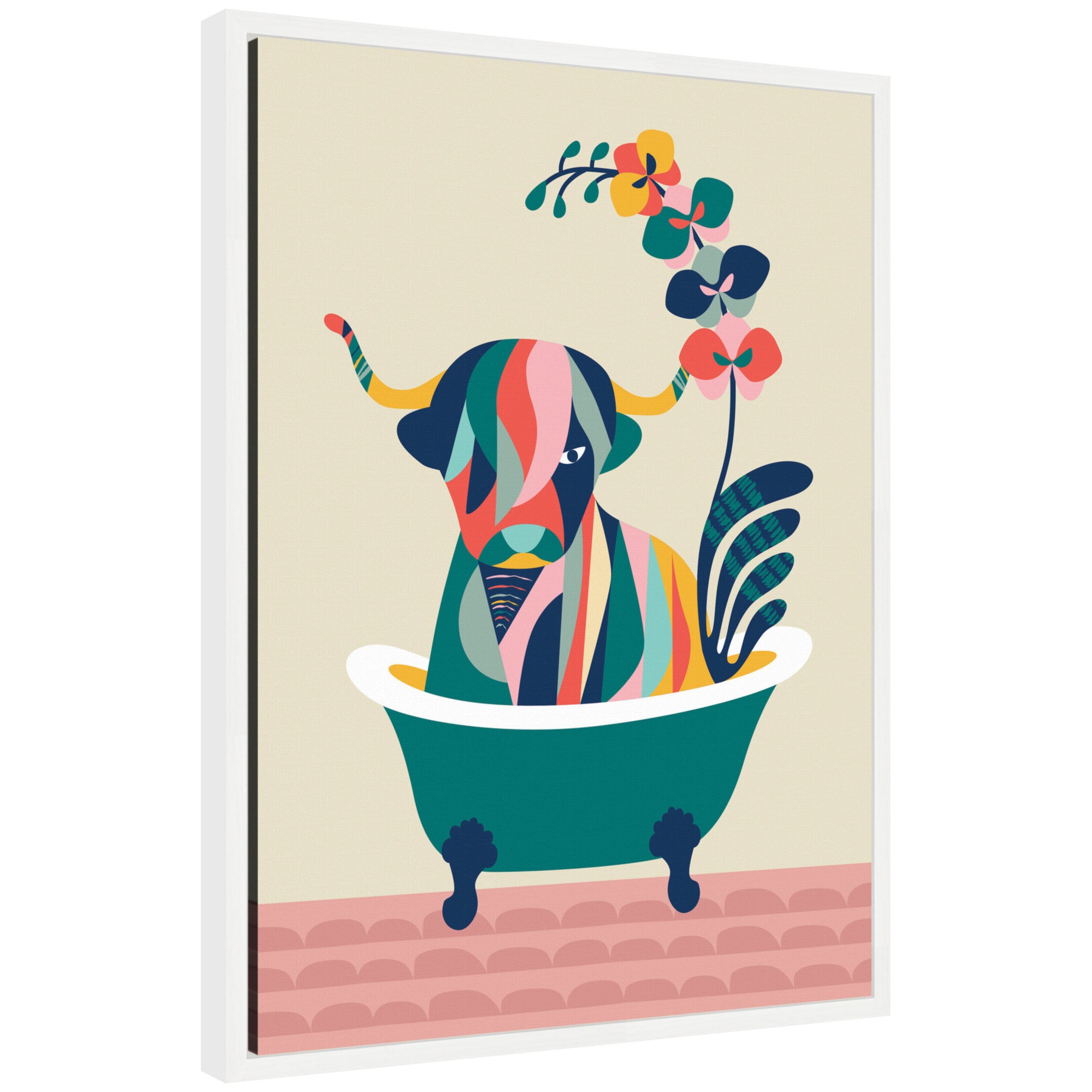 Framed canvas art print of a MCM style cow sitting in a bathtub, framed in white.